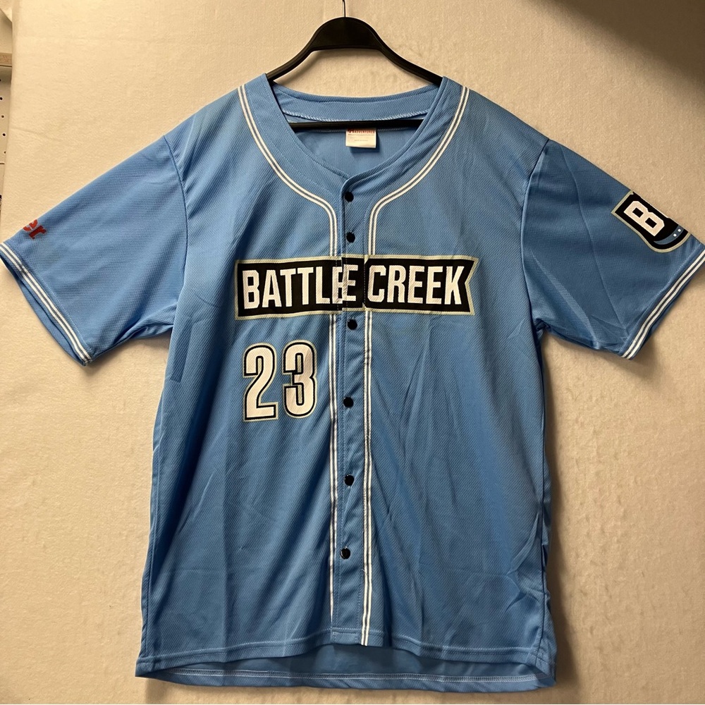 Battle Creek Battle Jacks #23 Blue Baseball Jersey Northwoods League Promo SGA